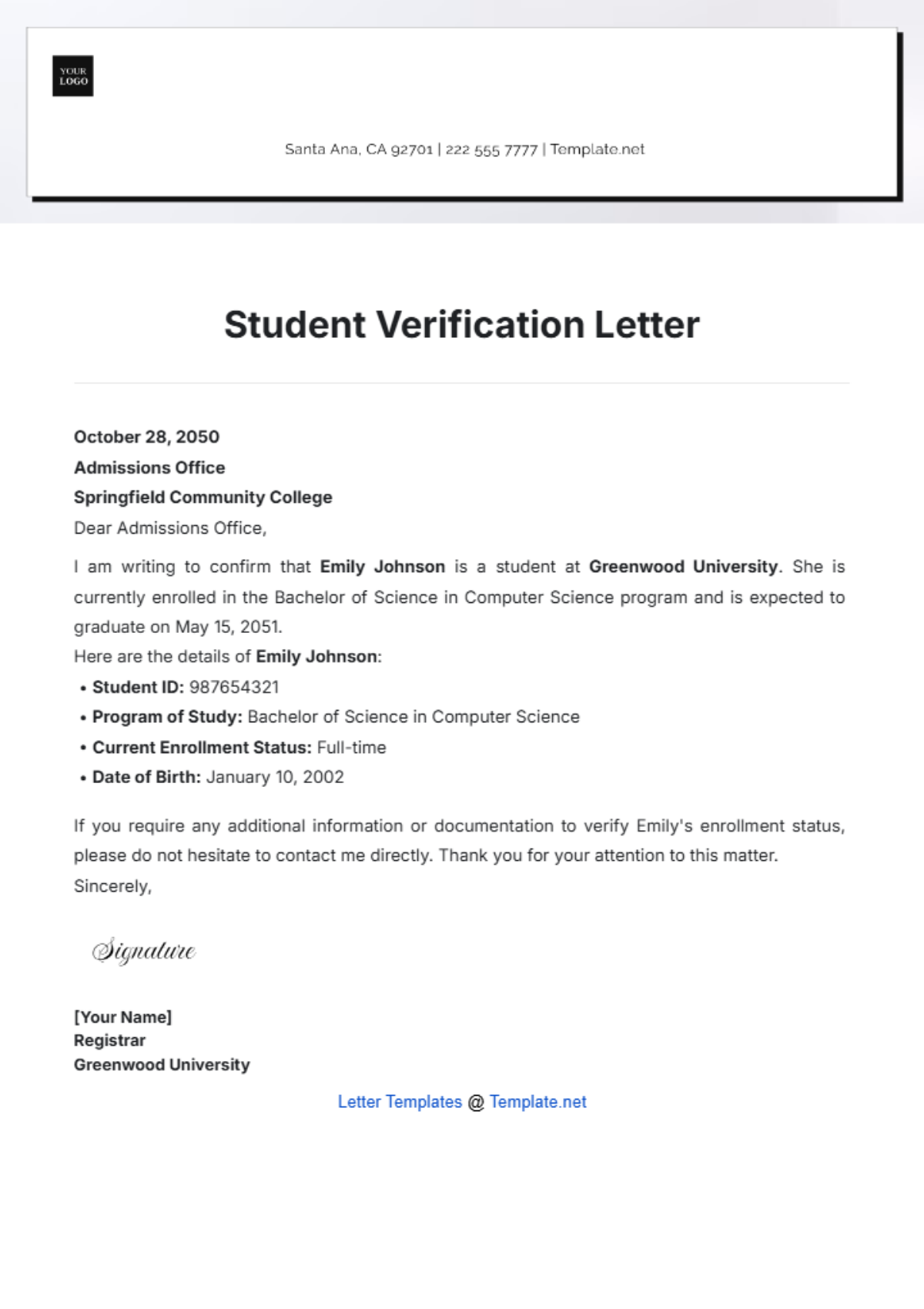 Student Verification Letter Template - Edit Online & Download