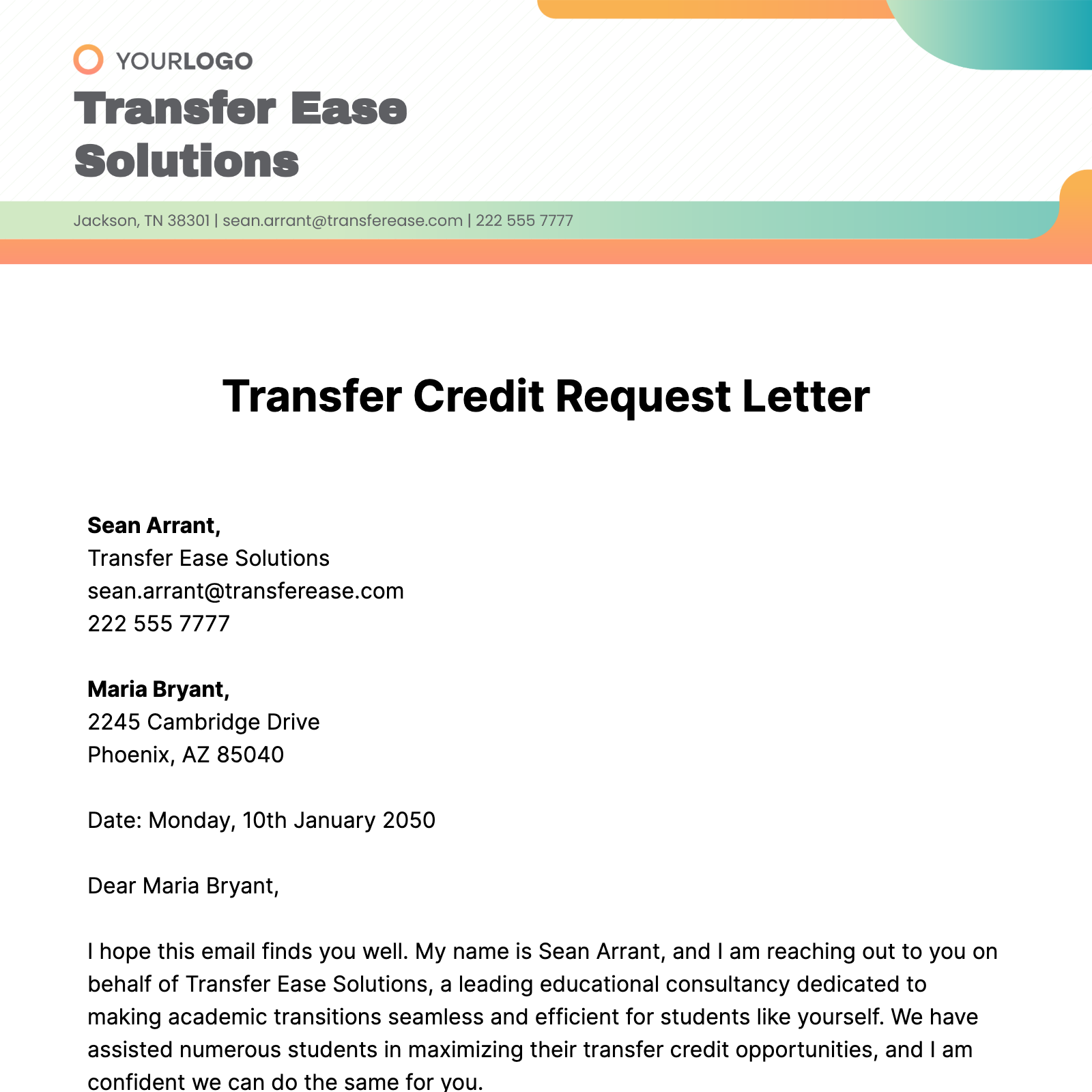 Transfer Credit Request Letter  Template