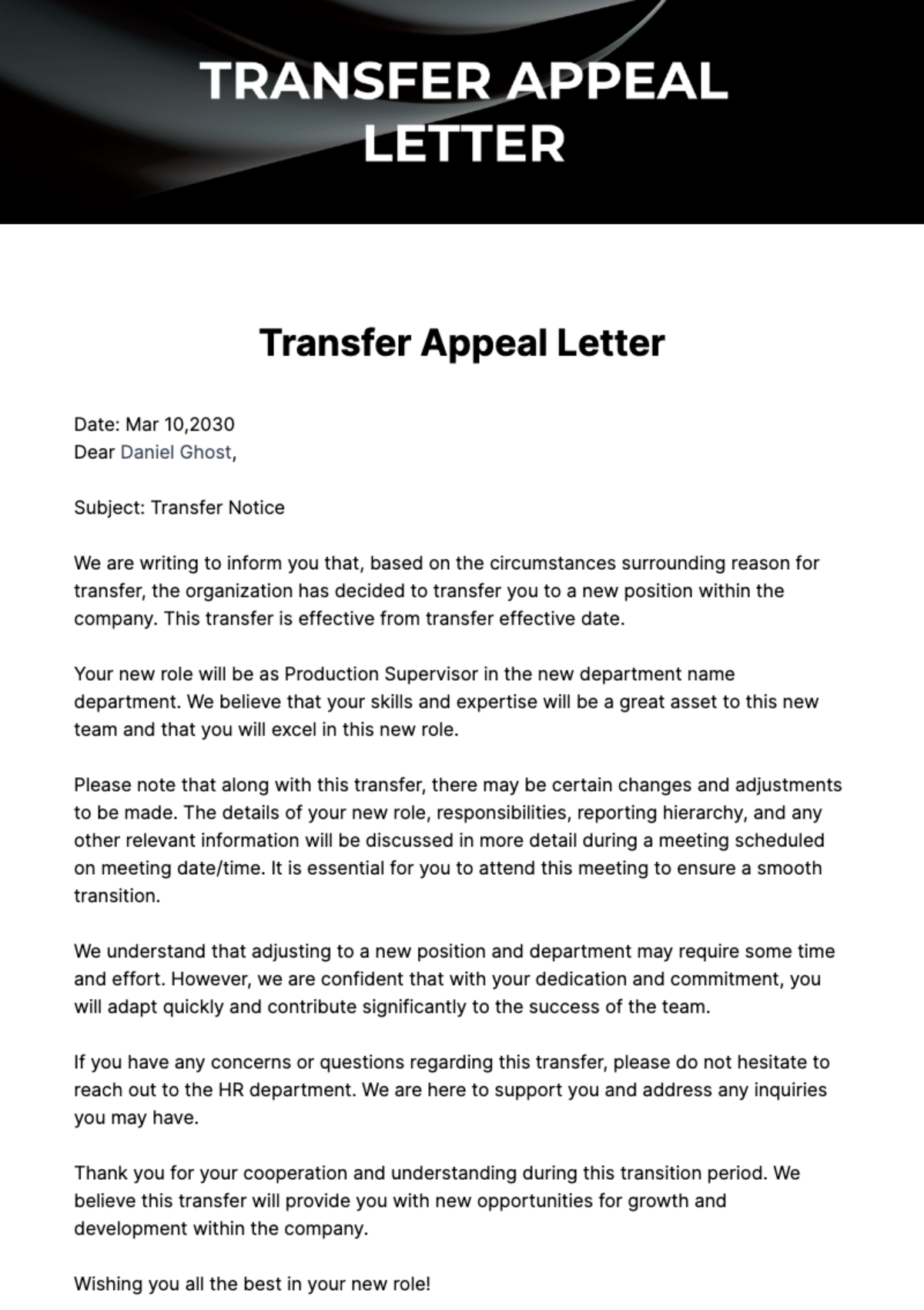 Transfer Appeal Letter Template