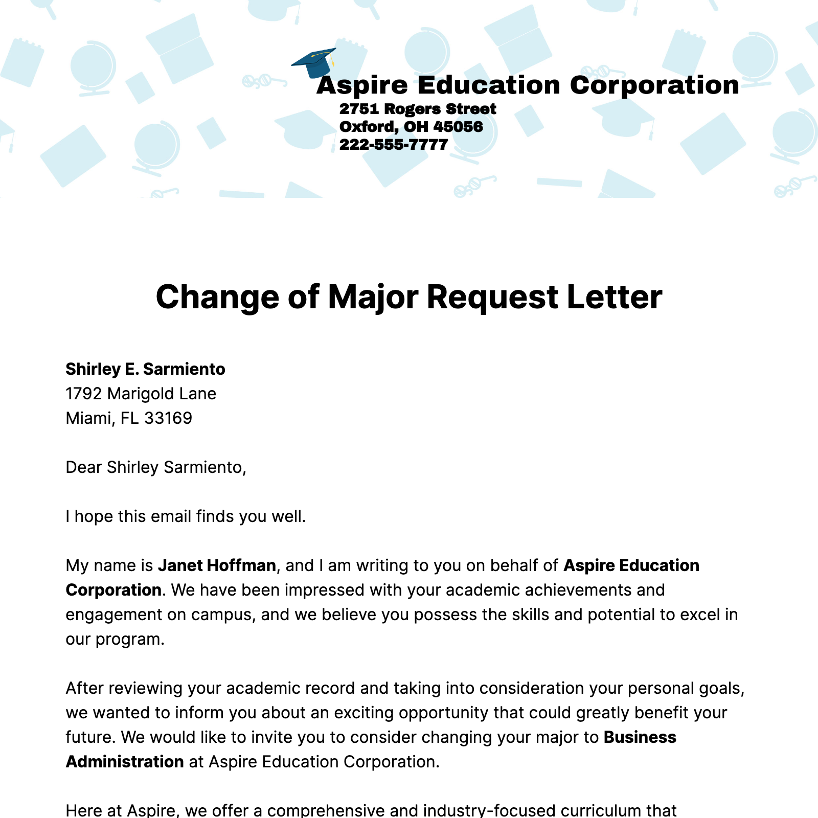 Change of Major Request Letter  Template