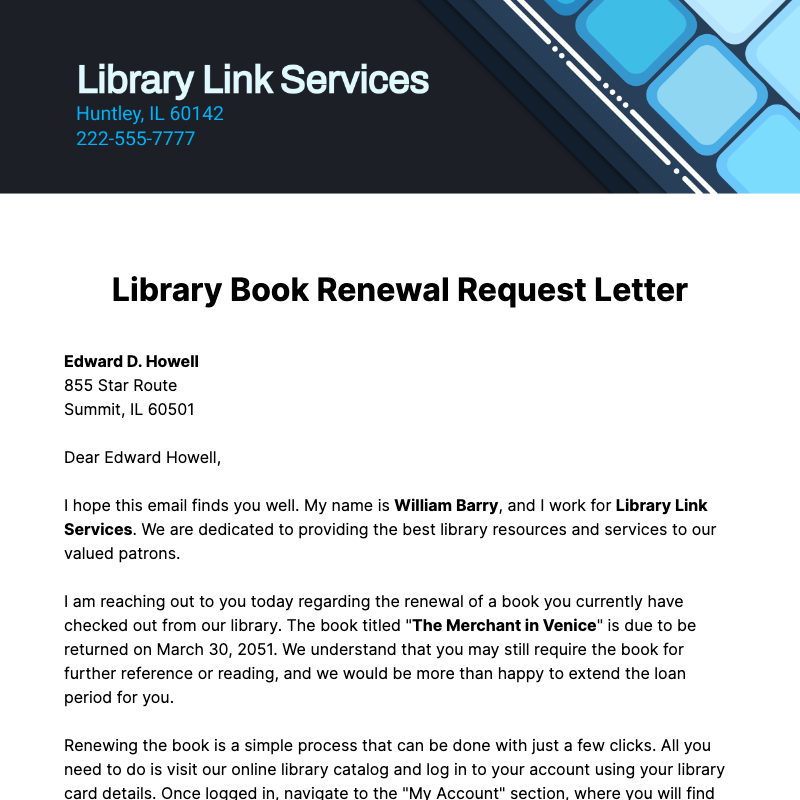 Library Book Renewal Request Letter  Template