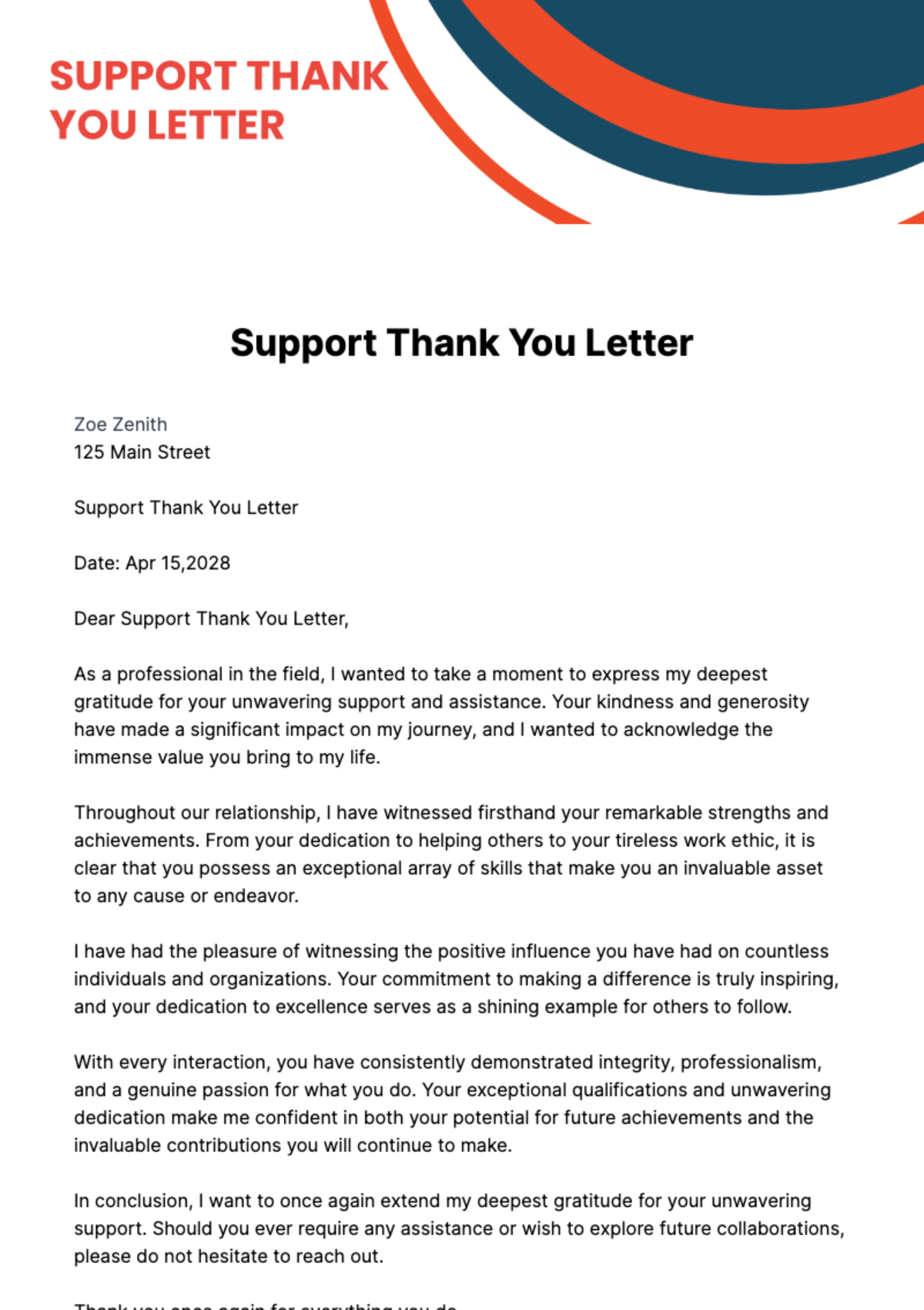 Support Thank You Letter Template