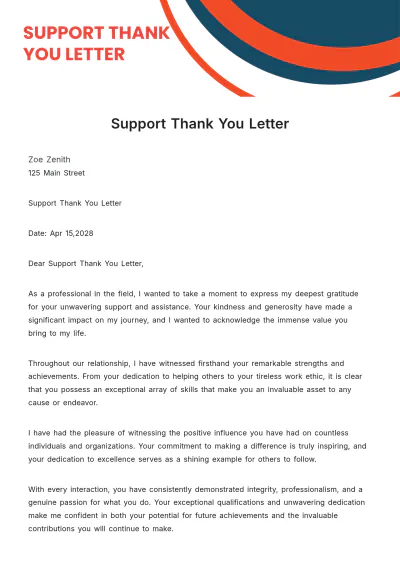 Free Support Thank You Letter Template to Edit Online