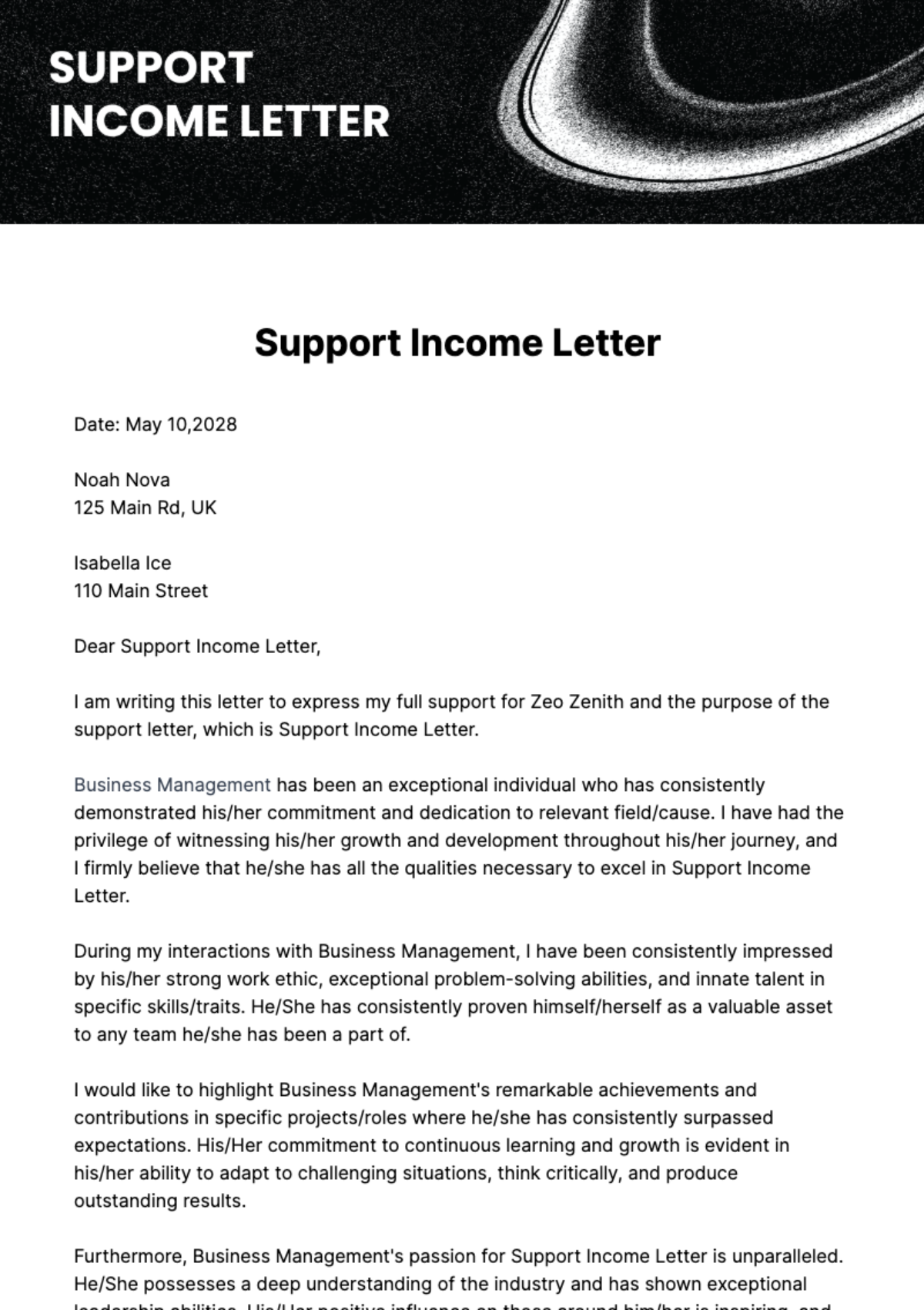 Free Support Income Letter Template