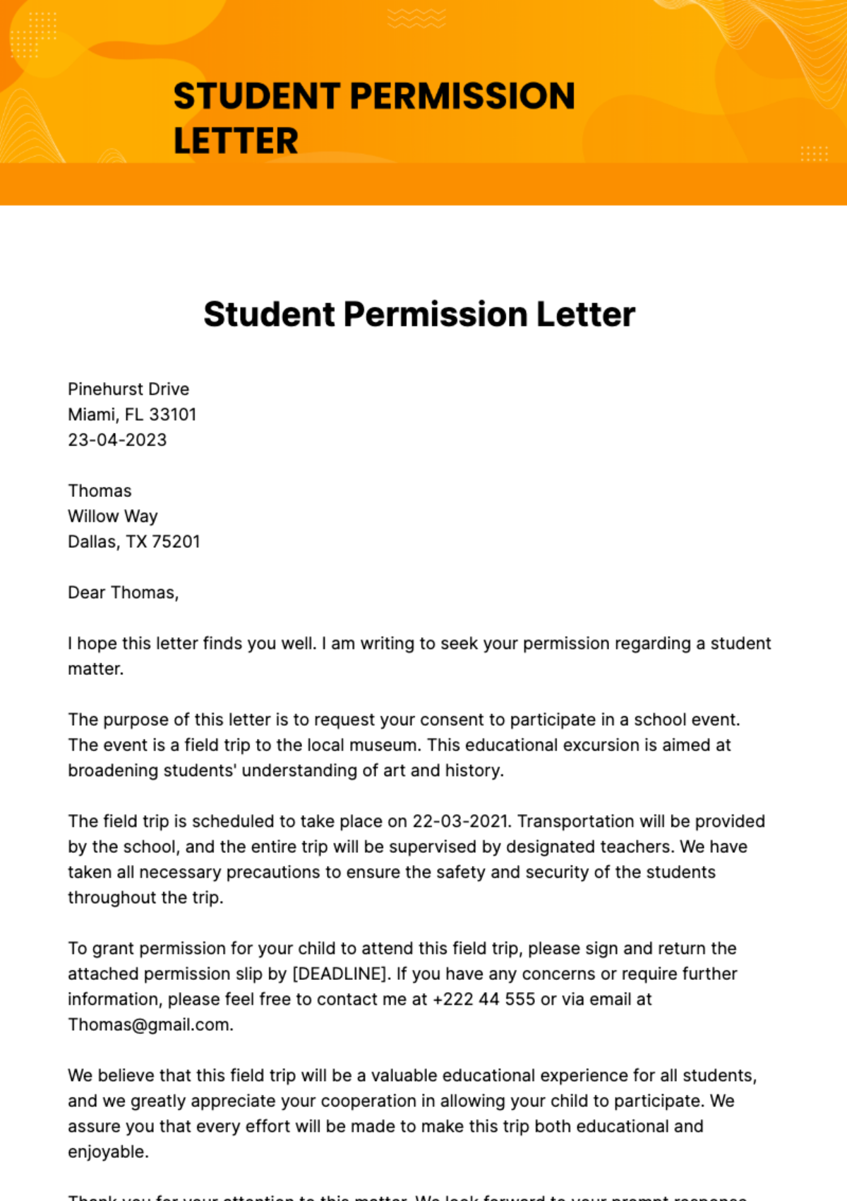 Free Student Permission Letter Template