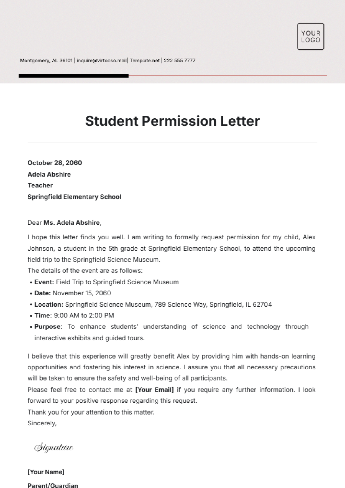 Student Permission Letter Template - Edit Online & Download