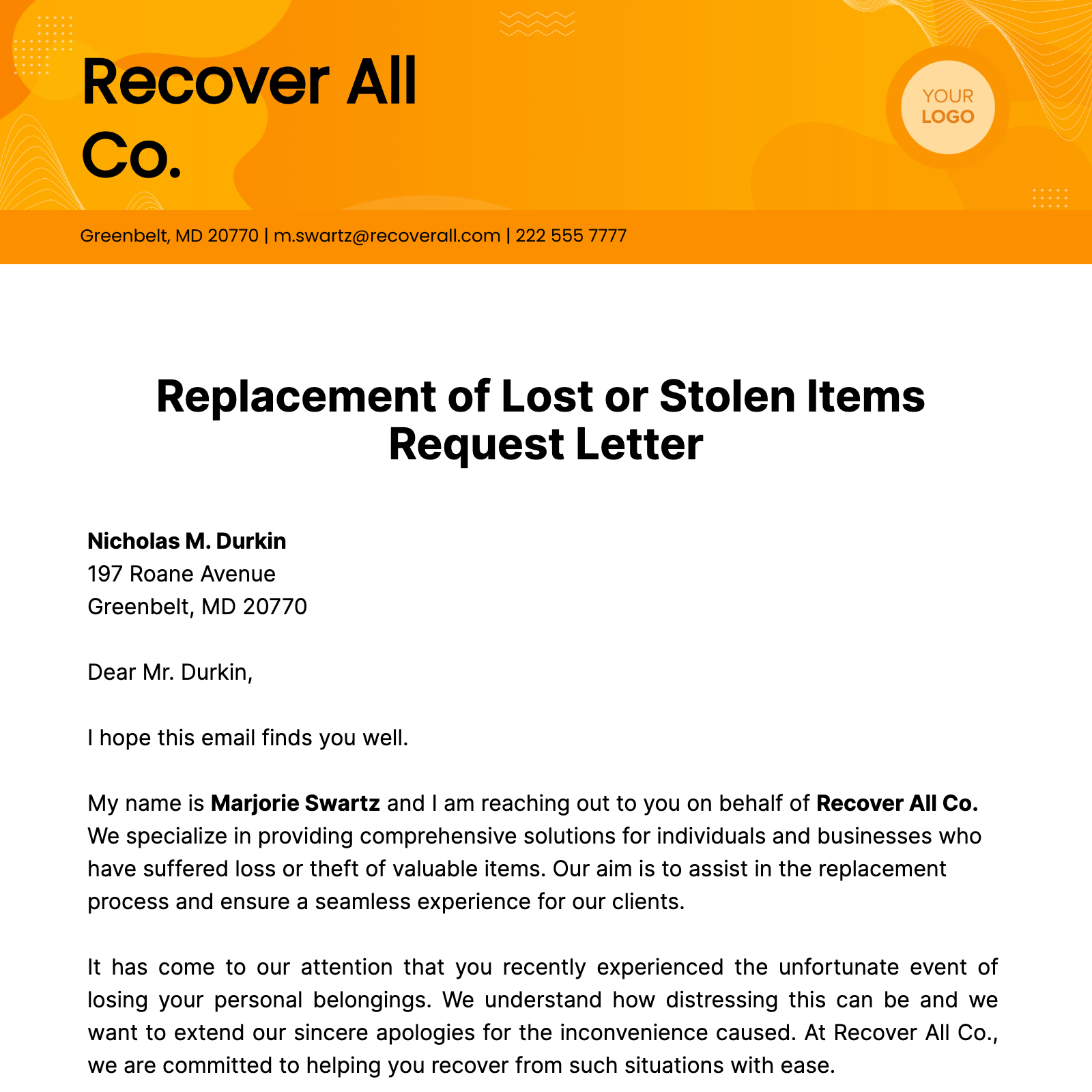 Replacement of Lost or Stolen Items Request Letter  Template