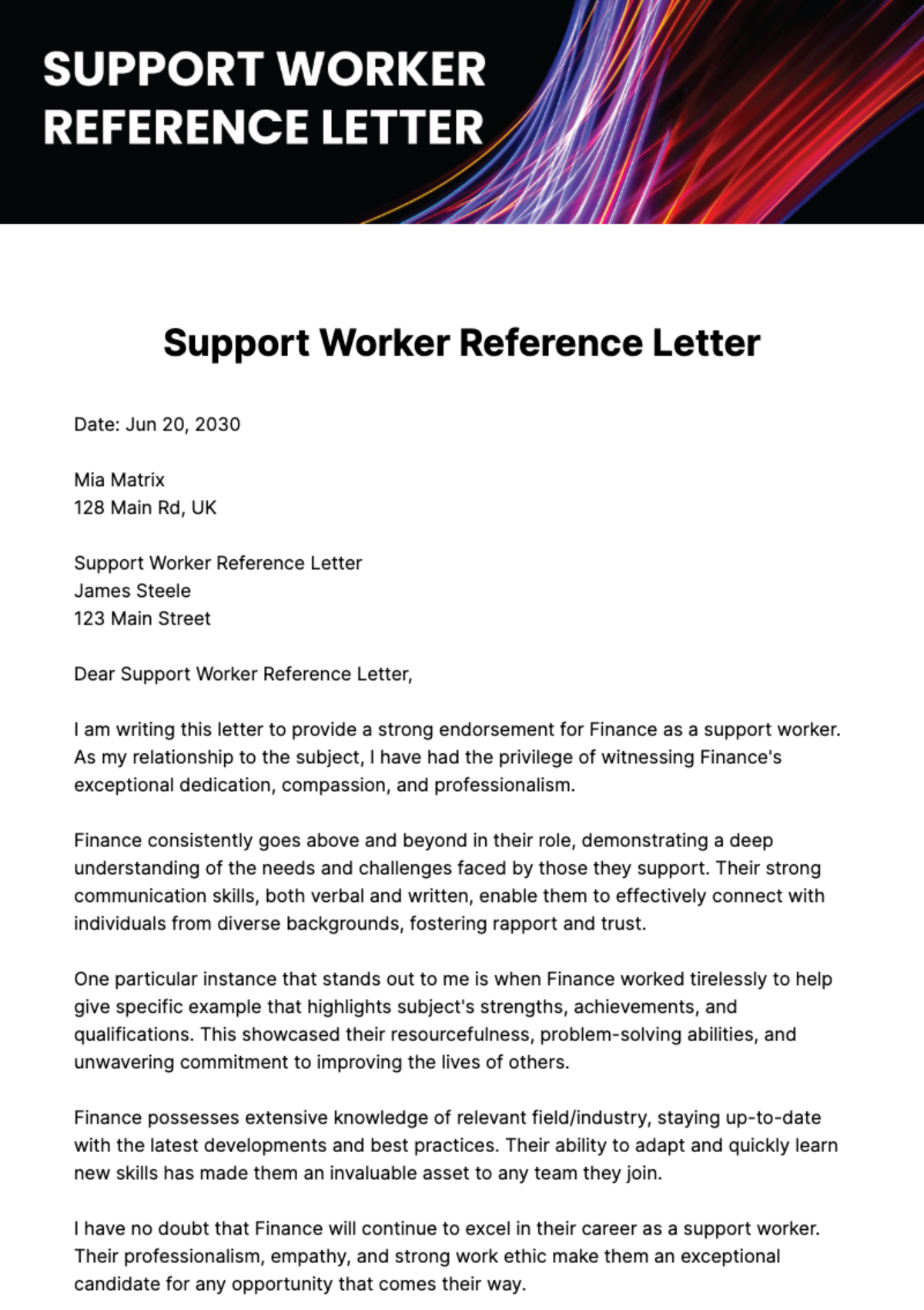 Free Support Worker Reference Letter Template