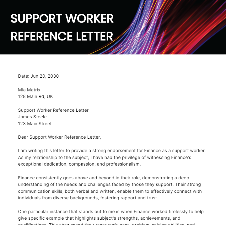 Support Worker Reference Letter Template