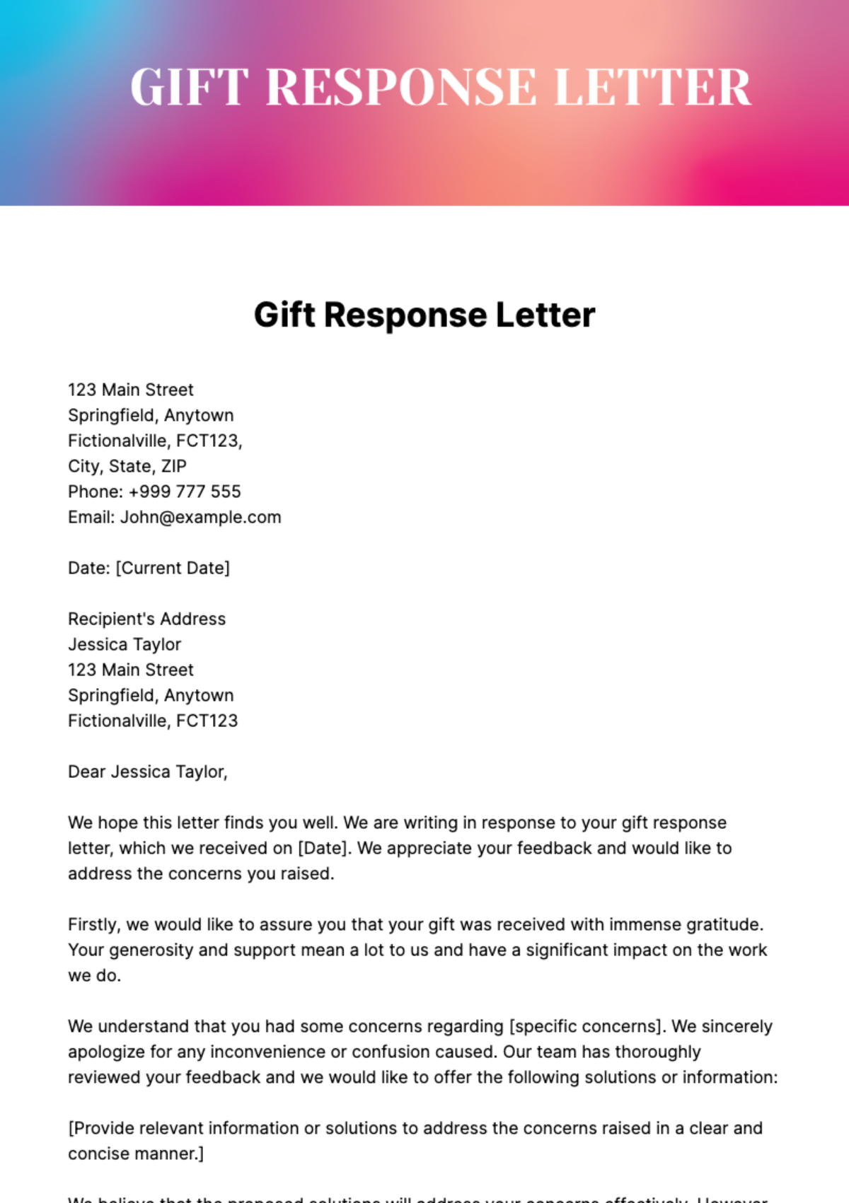 Free Gift Response Letter Template