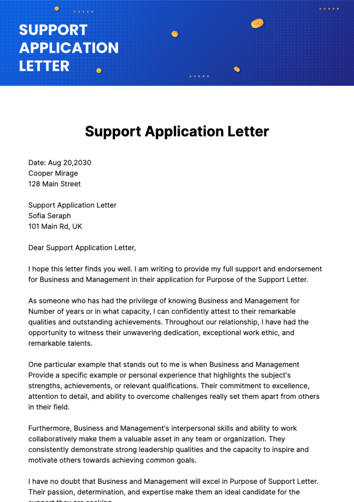 Support Application Letter Template