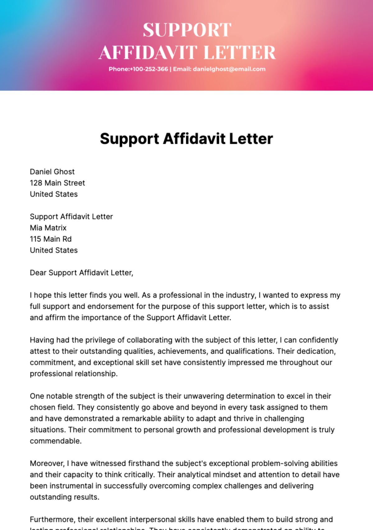 Support Affidavit Letter Template