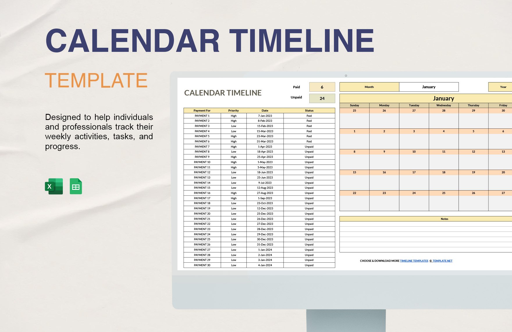 Free Calendar Timeline Template in Excel, Google Sheets