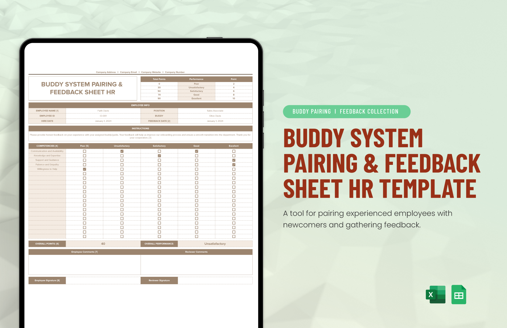 Buddy System Pairing & Feedback Sheet HR Template in Excel, Google Sheets