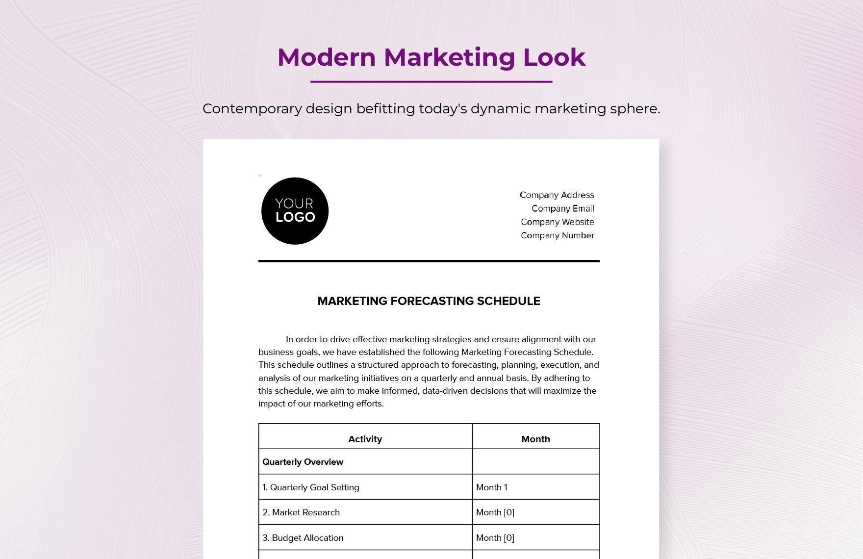 Marketing Forecasting Schedule Template