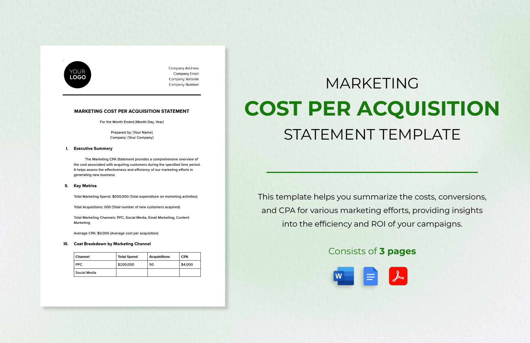 Marketing Cost Per Acquisition Statement Template