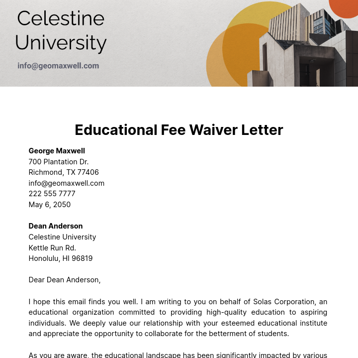Free Educational Fee Waiver Letter  Template