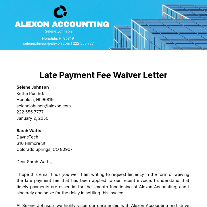 Late Payment Fee Waiver Letter  Template