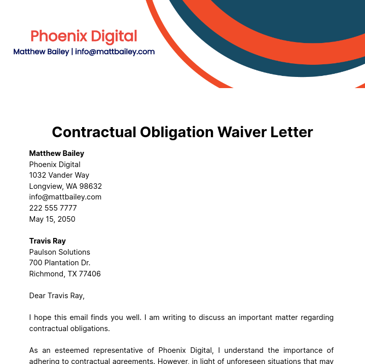 Free Contractual Obligation Waiver Letter  Template