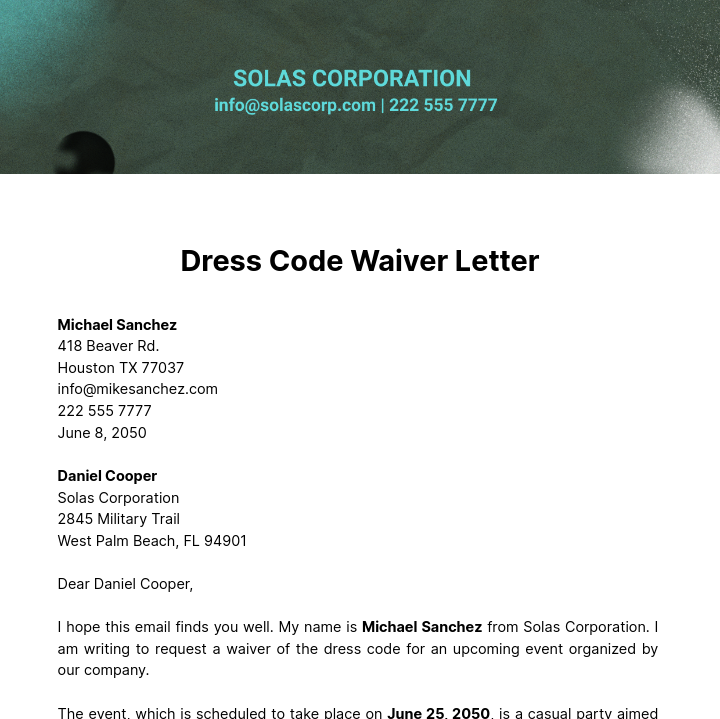 Dress Code Waiver Letter  Template
