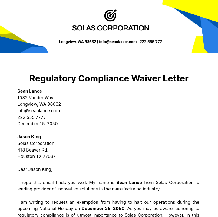 Regulatory Compliance Waiver Letter  Template