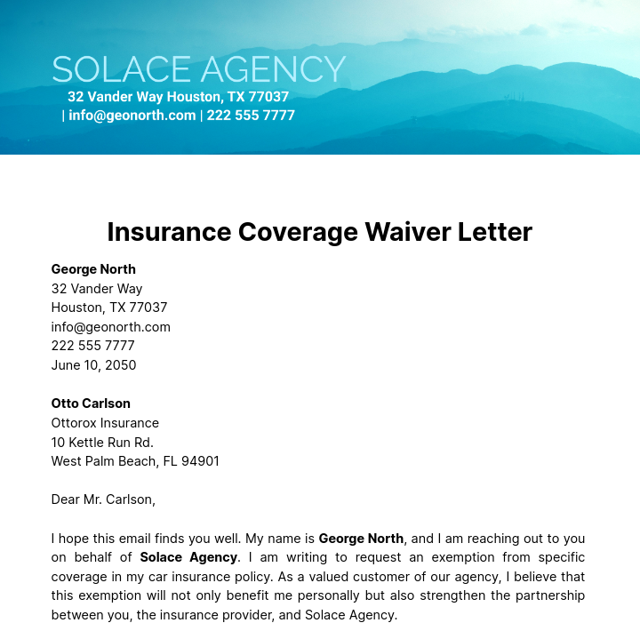 Free Insurance Coverage Waiver Letter  Template