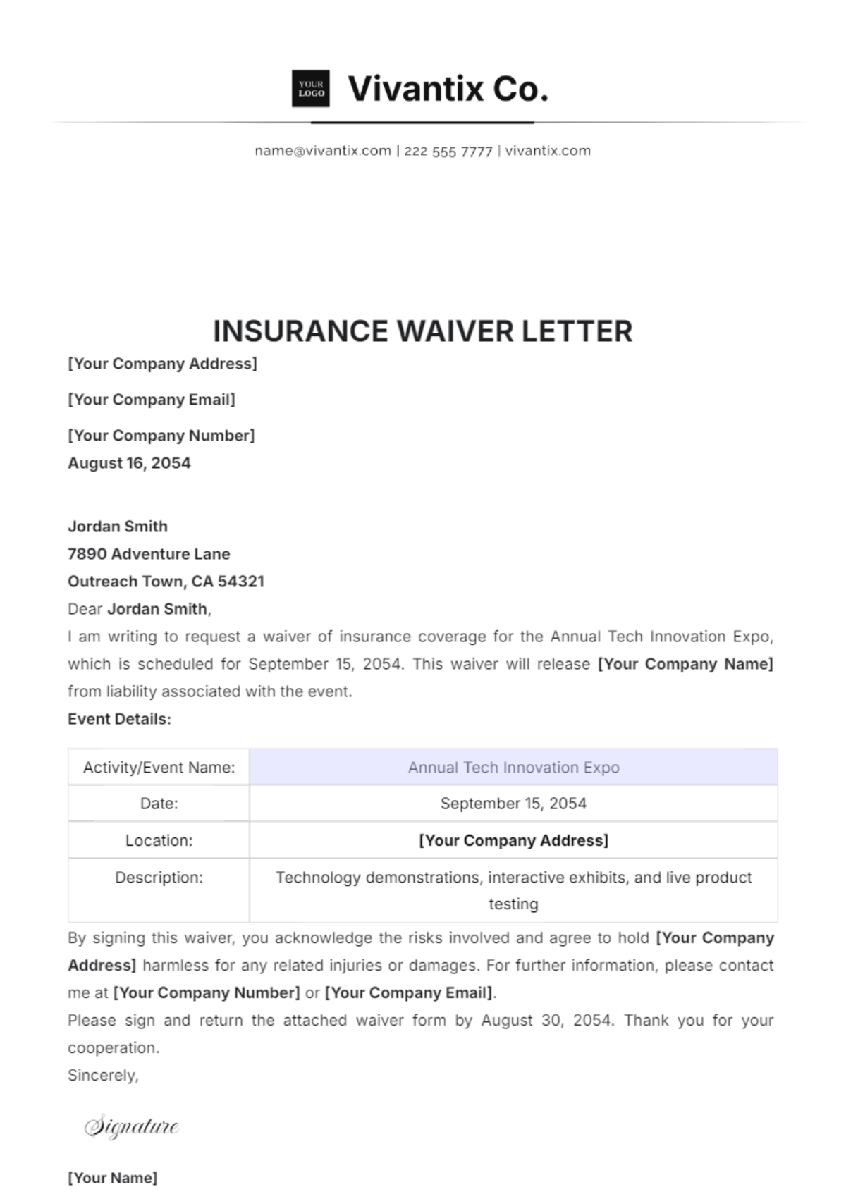 Insurance Waiver Letter Template - Edit Online & Download