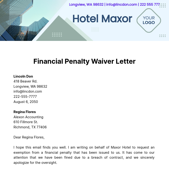 Free Financial Penalty Waiver Letter  Template