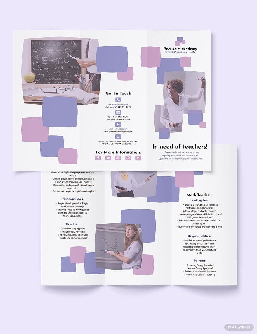 Teacher Tri-Fold Brochure Template in Word, Google Docs, Illustrator, PSD, Apple Pages, Publisher, InDesign
