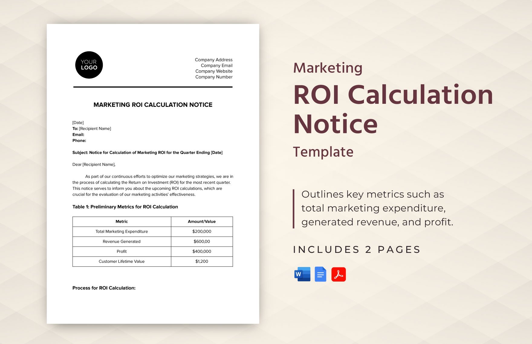 Marketing ROI Calculation Notice Template in Word, Google Docs, PDF
