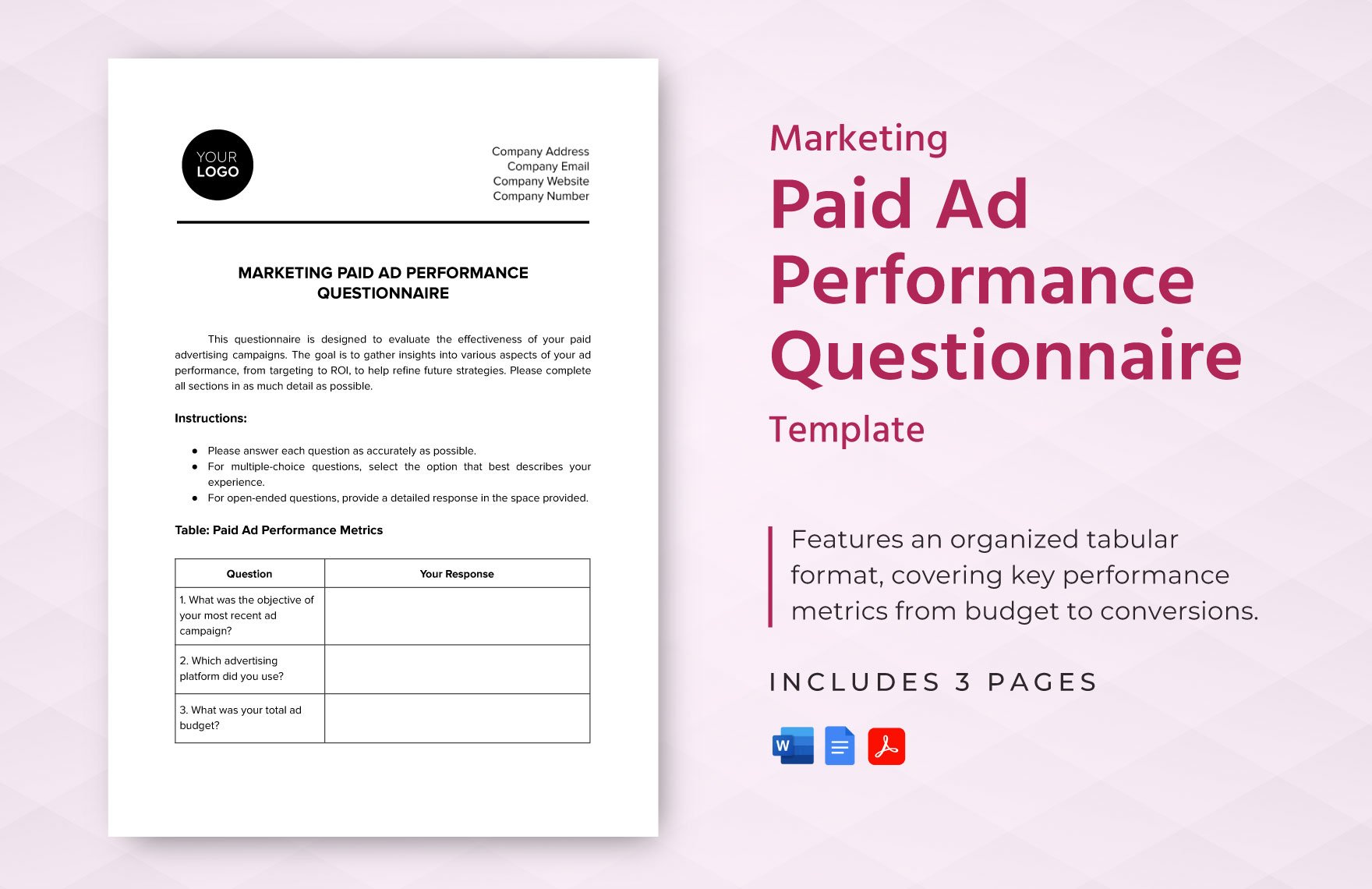 Marketing Paid Ad Performance Questionnaire Template in Word, Google Docs, PDF