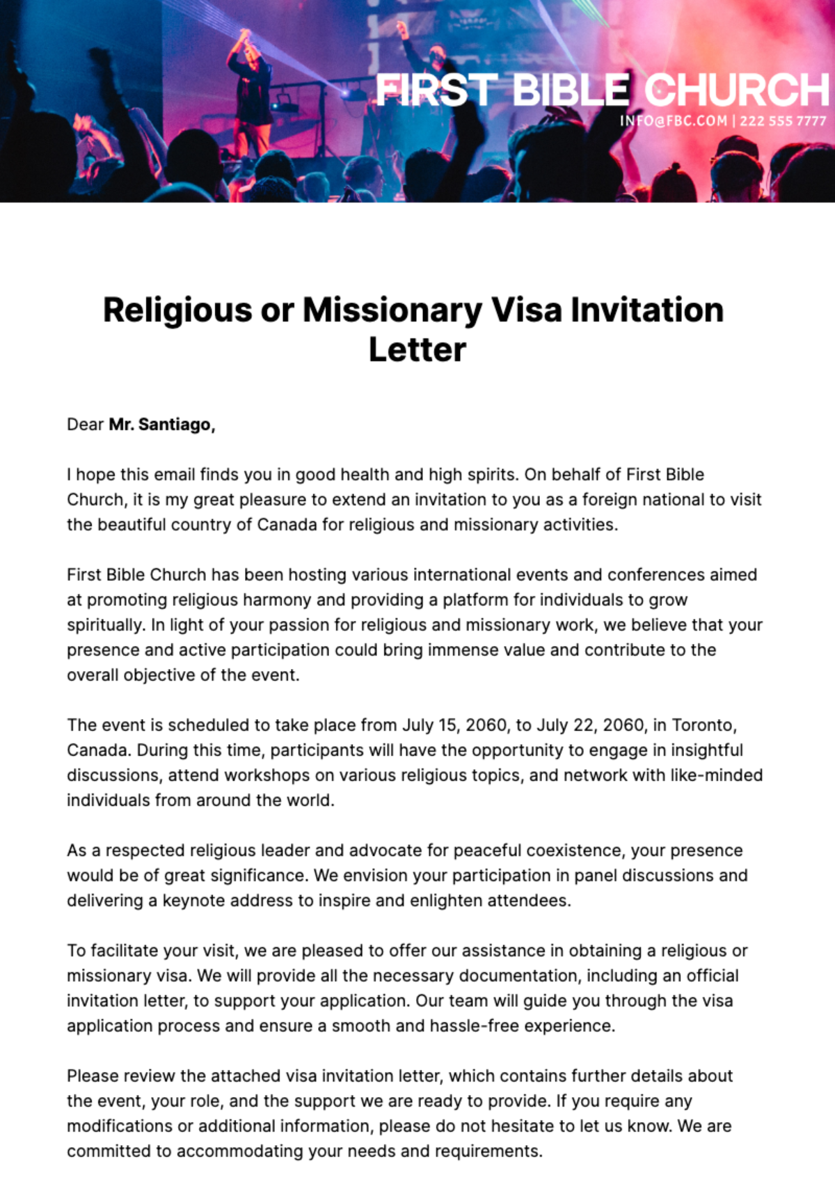Religious or Missionary Visa Invitation Letter Template