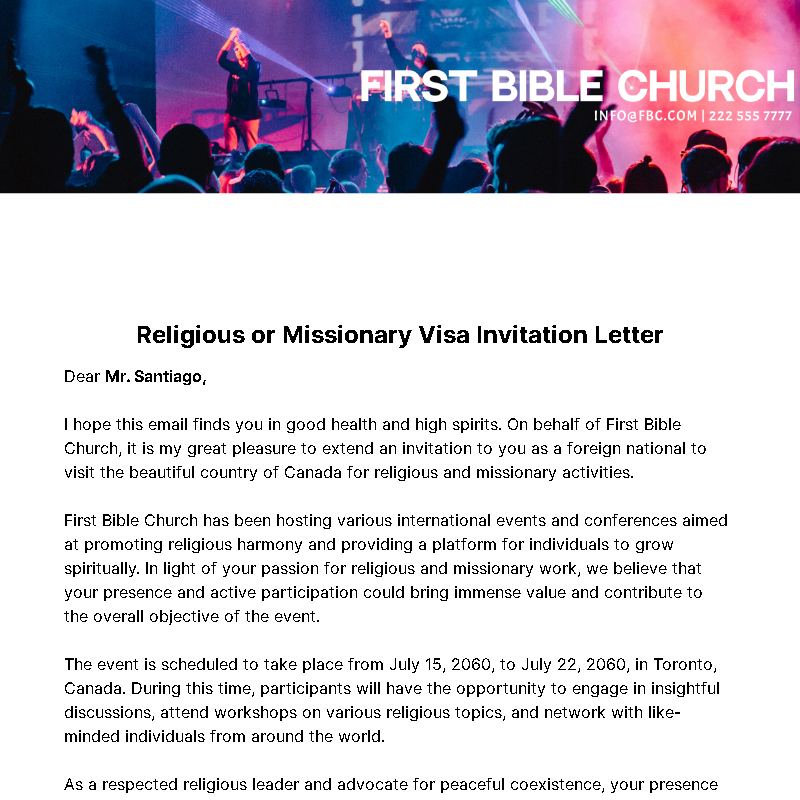 Religious or Missionary Visa Invitation Letter Template