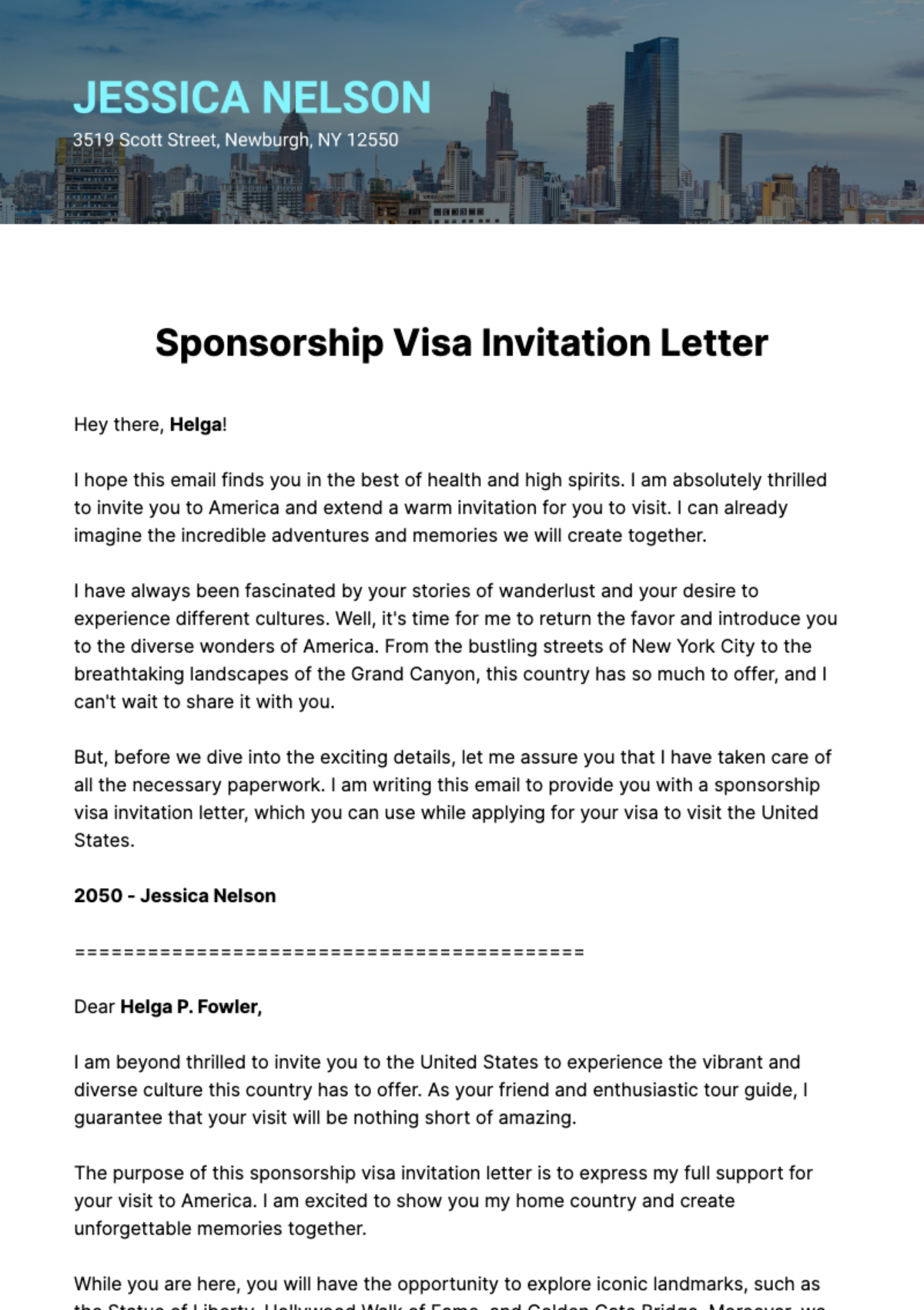 Sponsorship Visa Invitation Letter Template