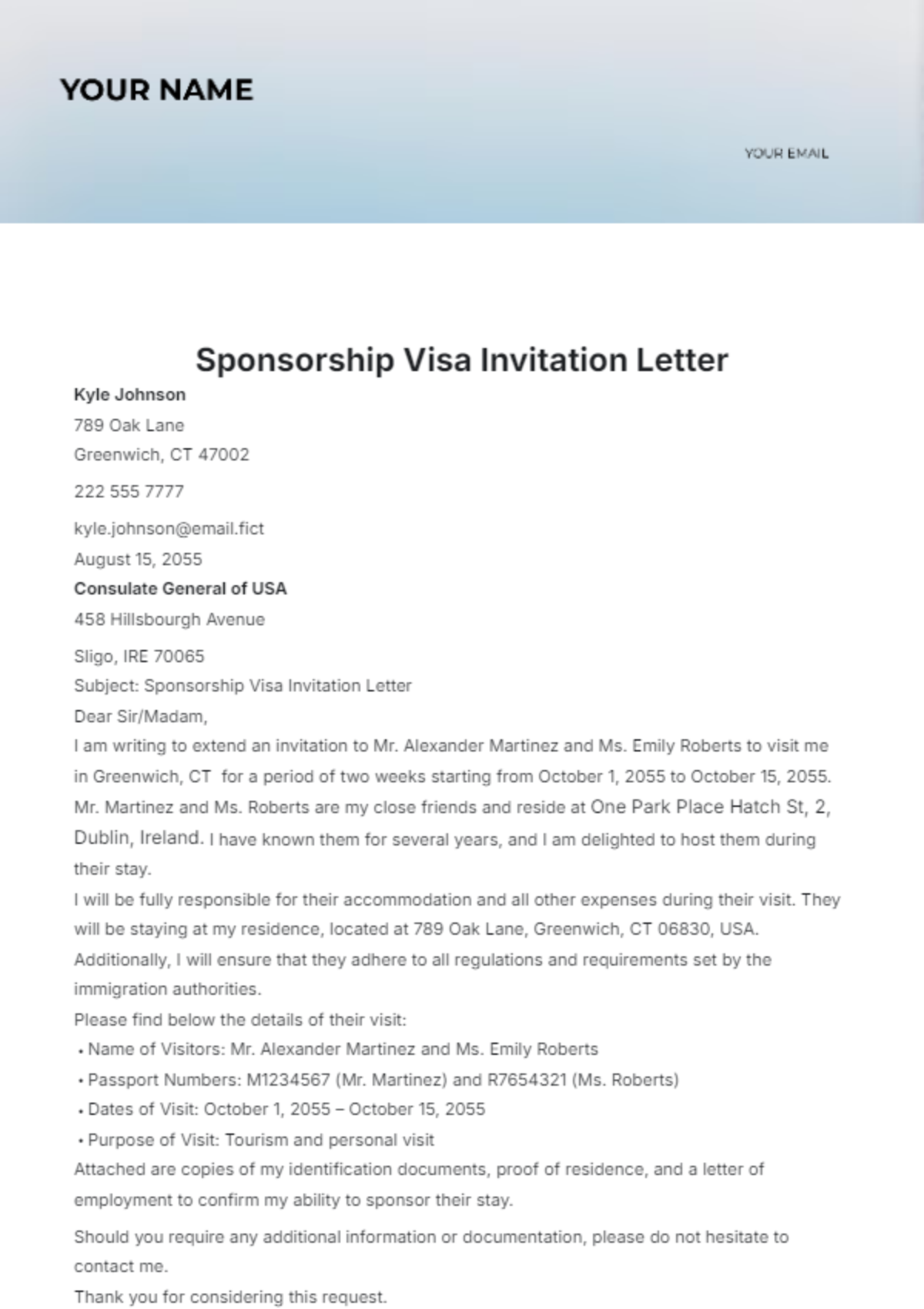 Sponsorship Visa Invitation Letter Template