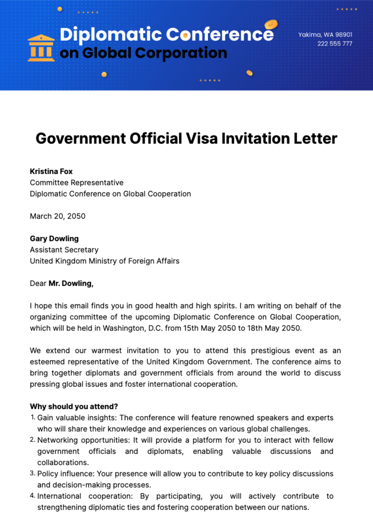 Government Official Visa Invitation Letter Template