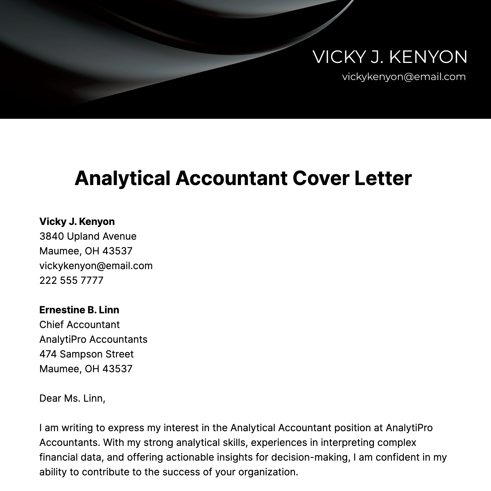 Analytical Accountant Cover Letter Template