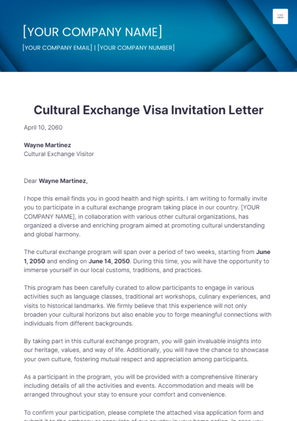 Cultural Exchange Visa Invitation Letter Template