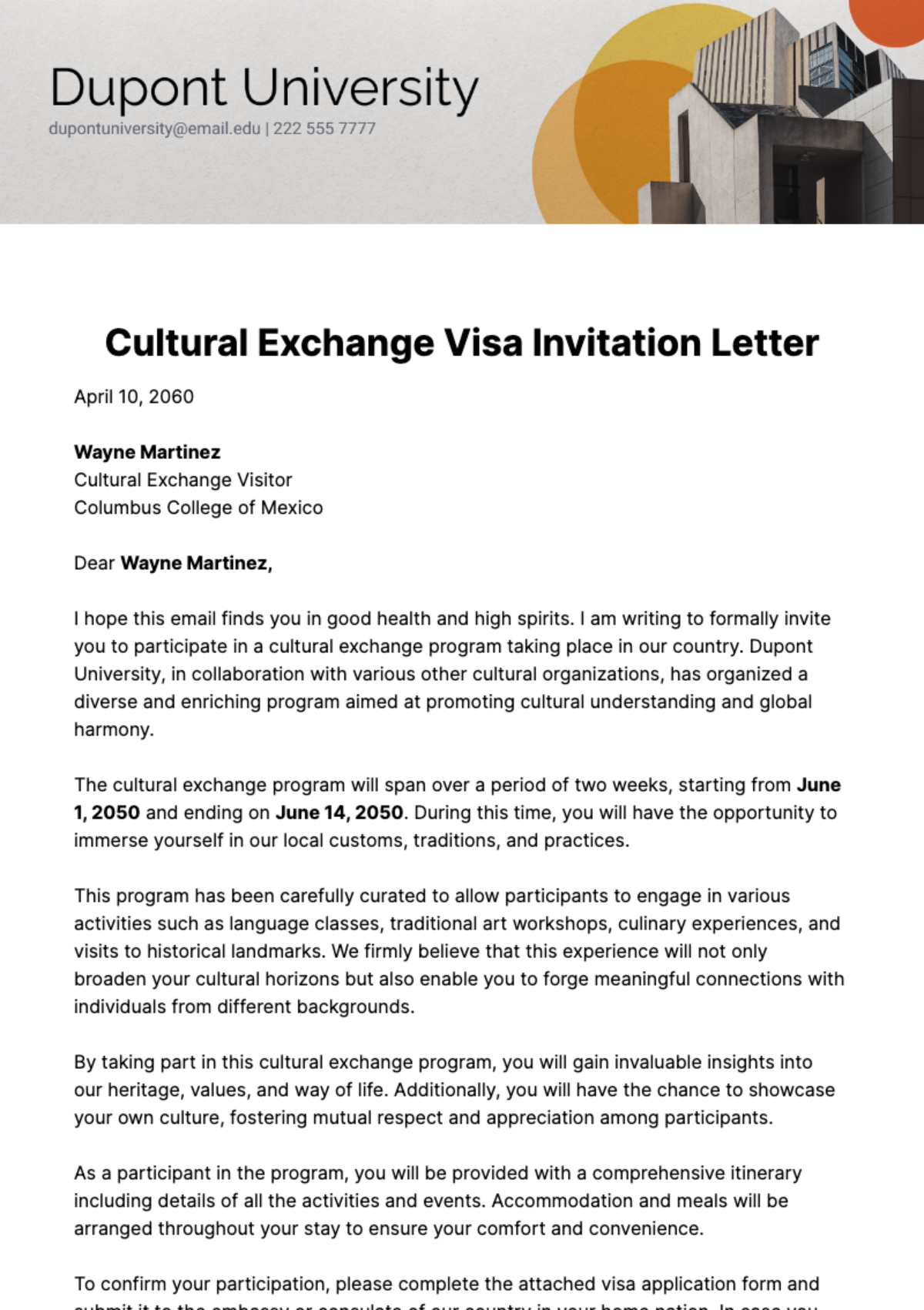 Cultural Exchange Visa Invitation Letter Template