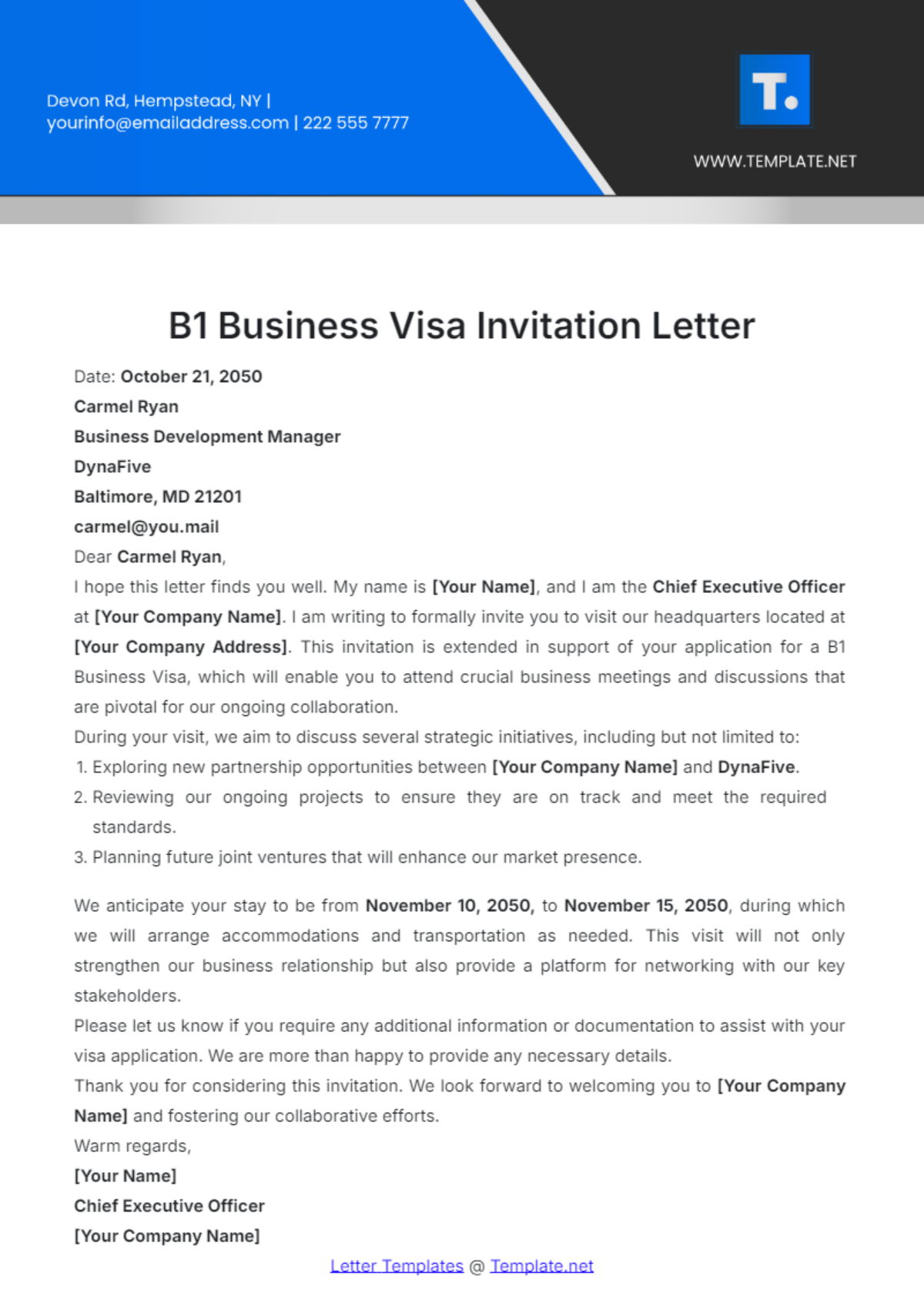 B1 Business Visa Invitation Letter Template