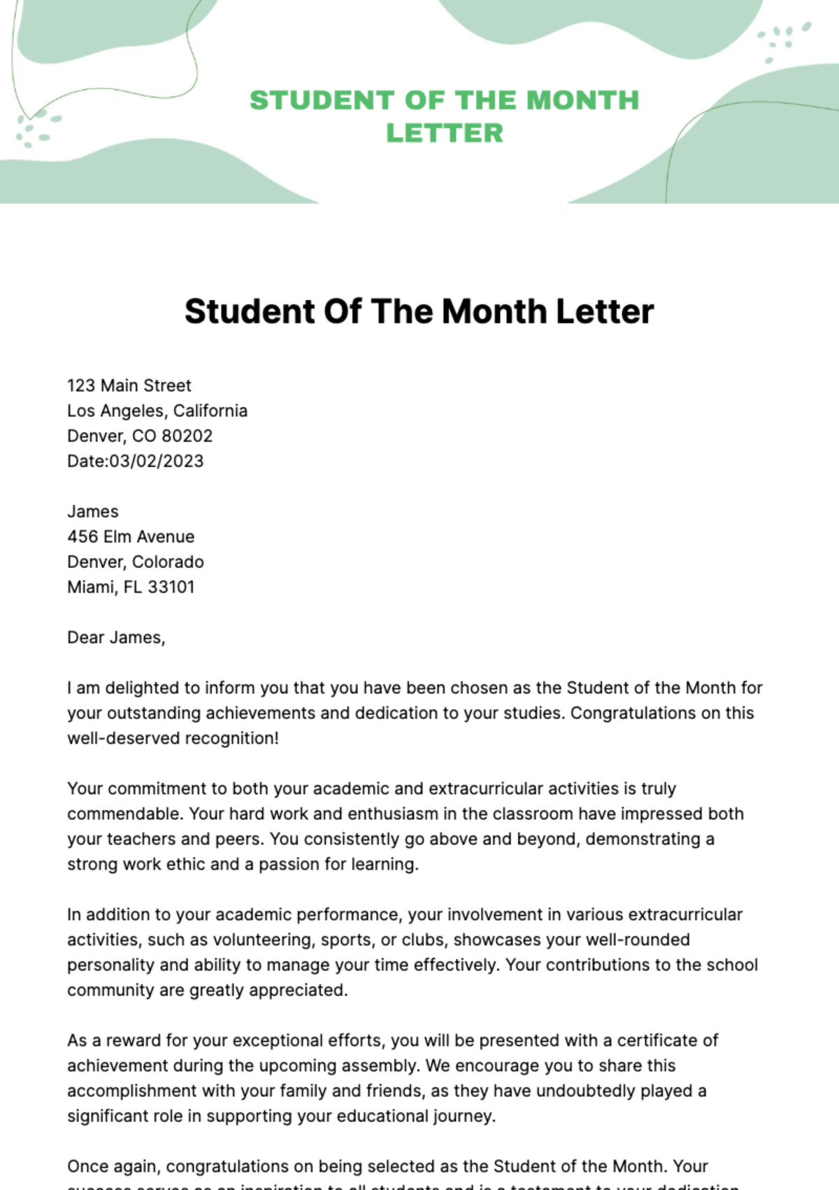Free Student Of the Month Letter Template