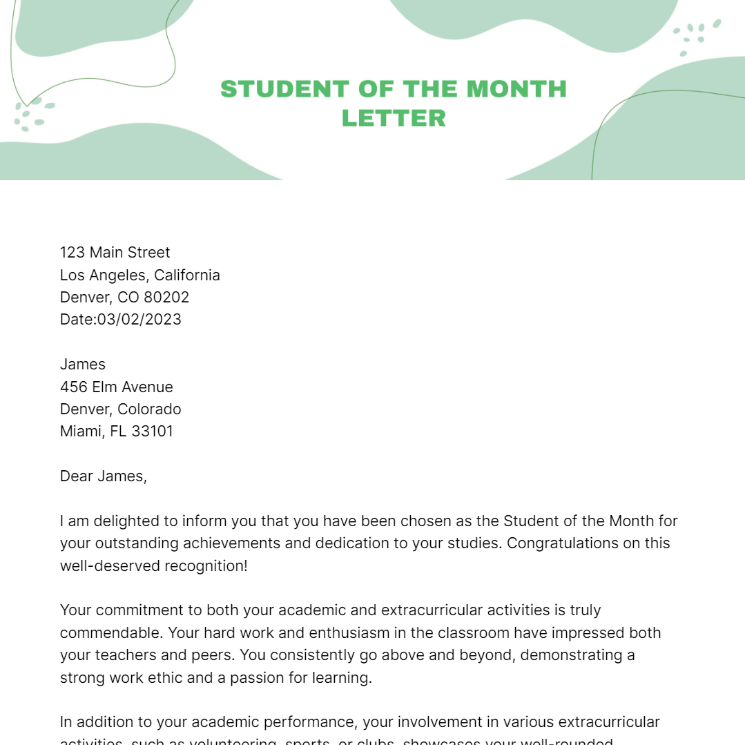 Student Of the Month Letter Template - Edit Online & Download