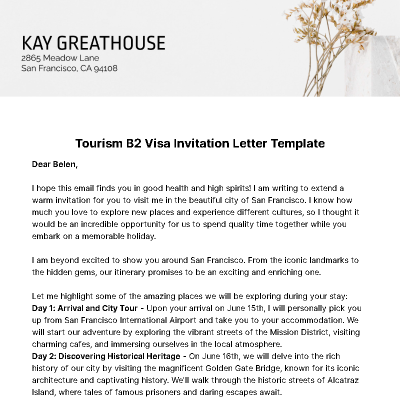 Tourism B2 Visa Invitation Letter Template