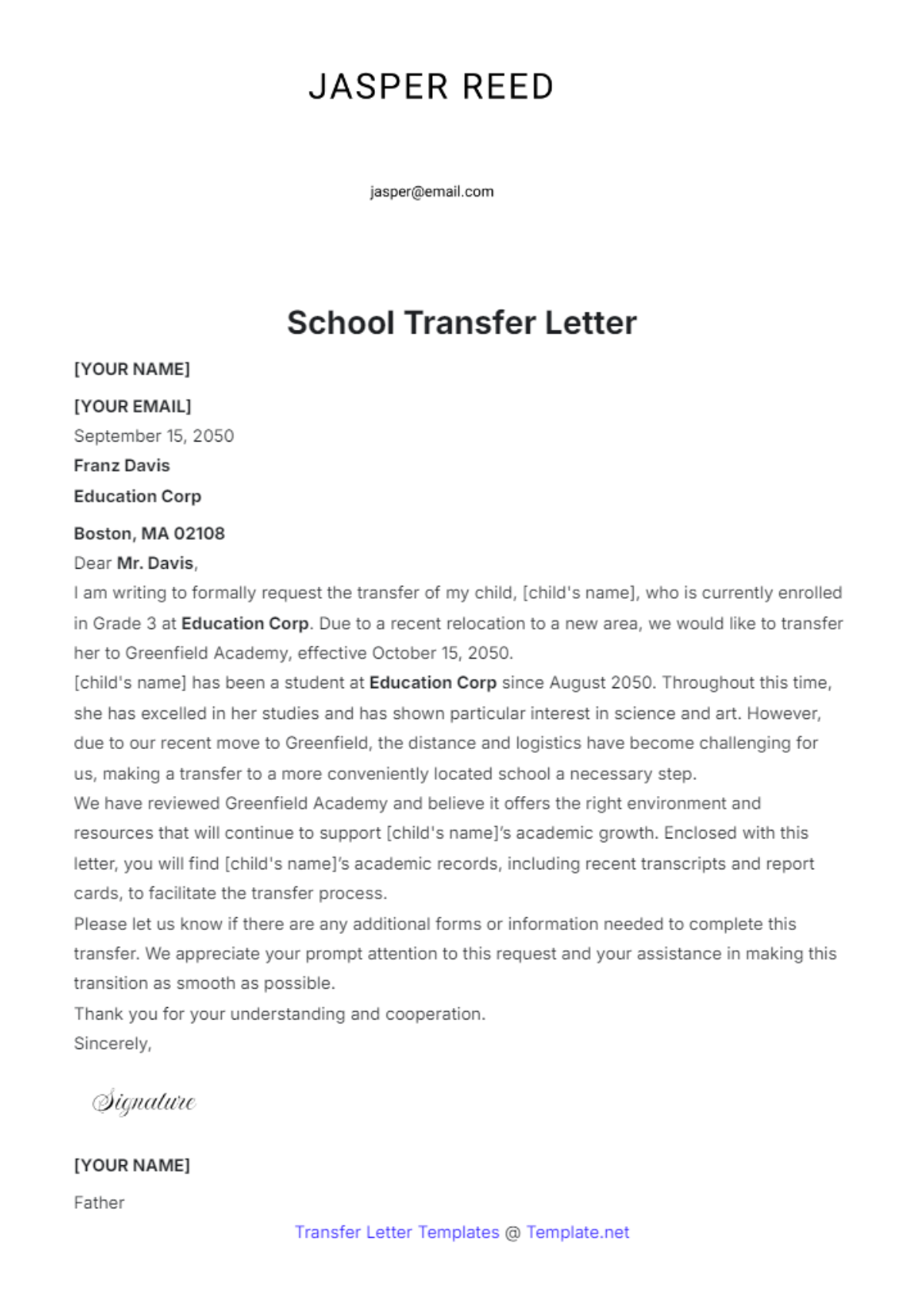 School Transfer Letter Template