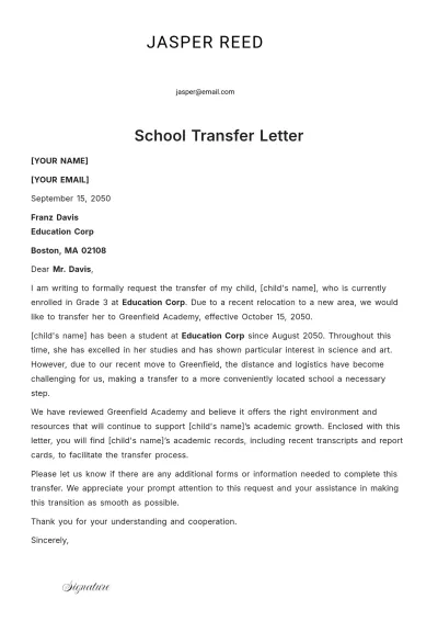 Free School Transfer Letter Template to Edit Online