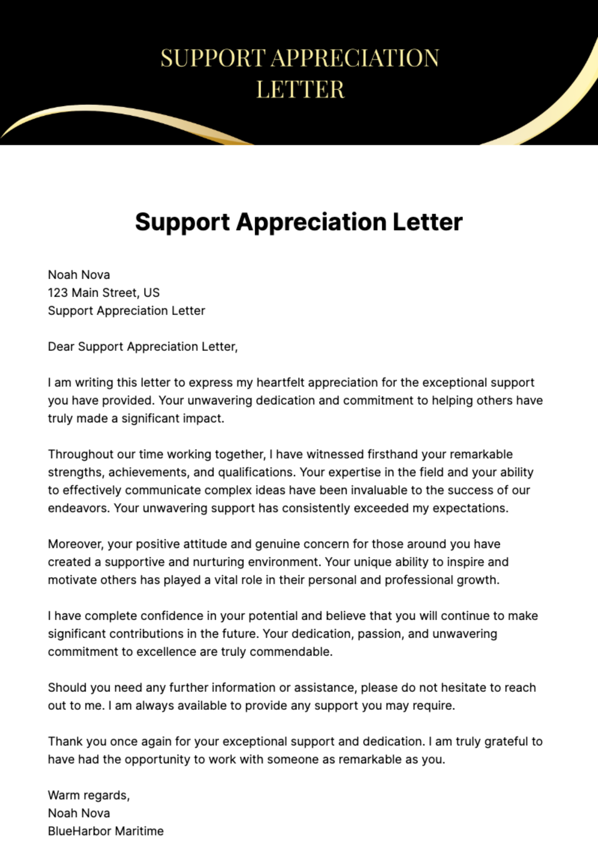Support Appreciation Letter Template