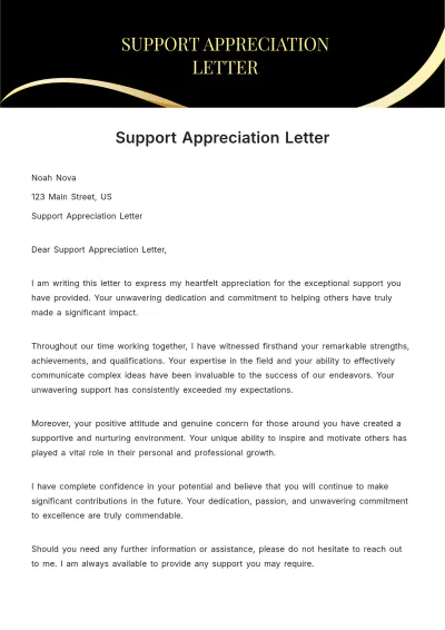 Free Support Appreciation Letter Template to Edit Online