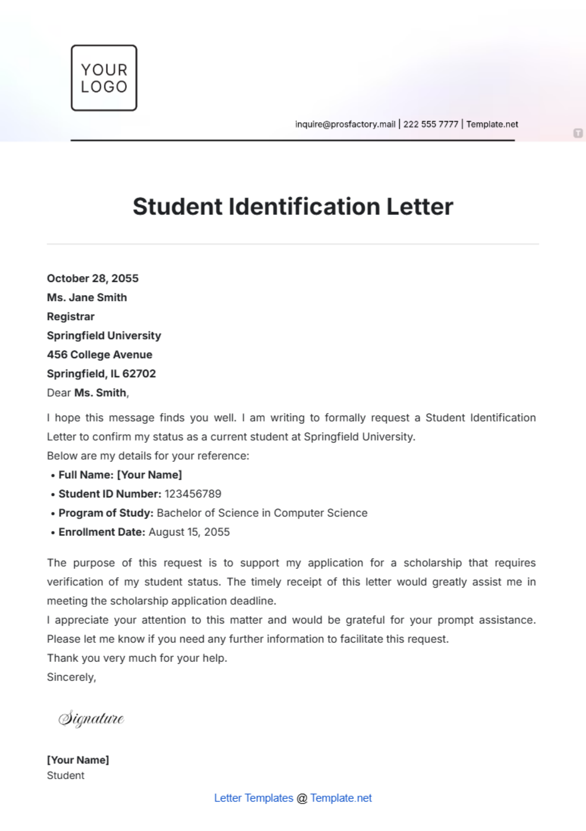 Student Identification Letter Template - Edit Online & Download