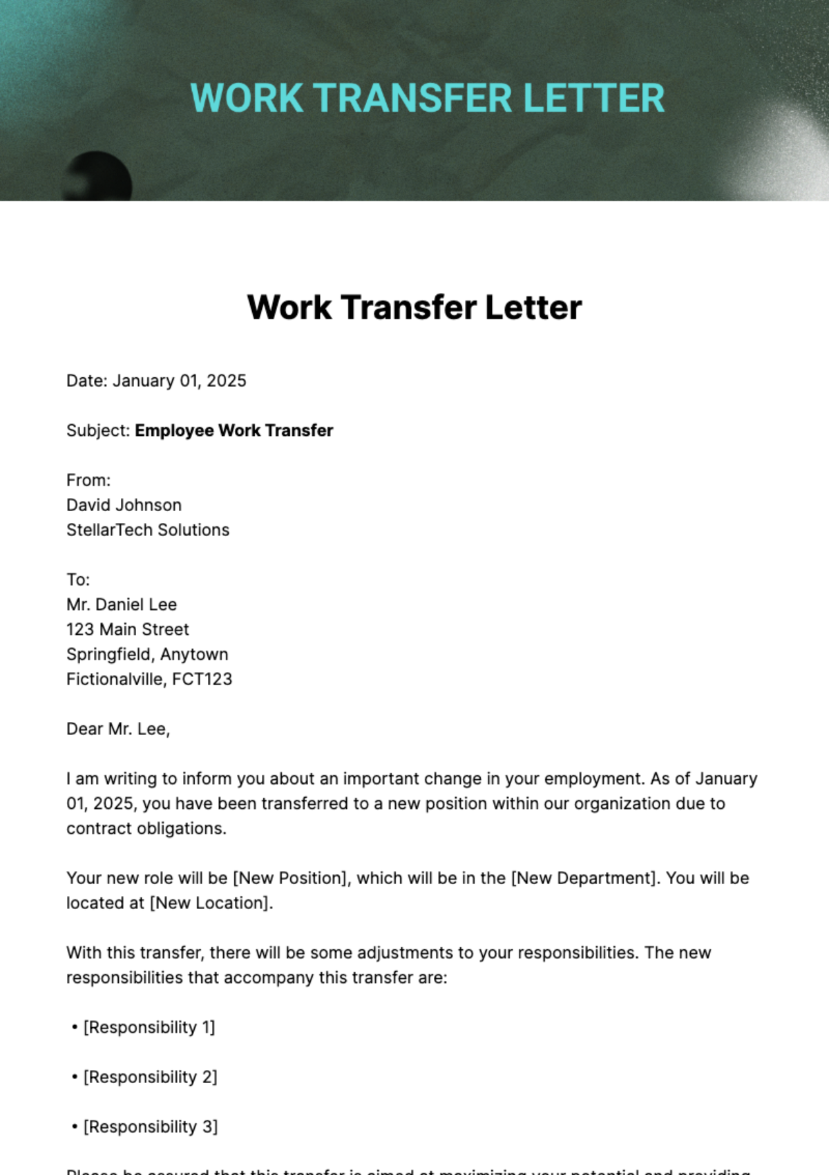 Free Work Transfer Letter Template