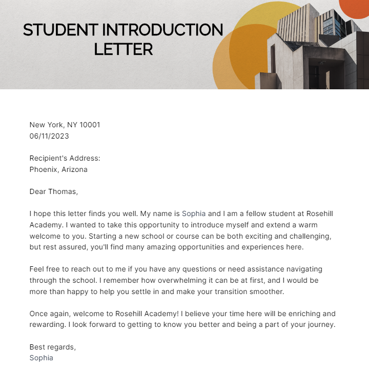 Free Student Introduction Letter